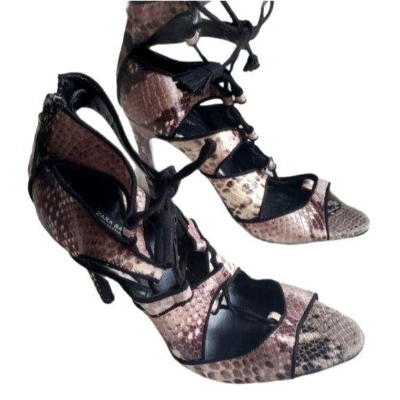 ZARA Women Heels EU 37 6.5 Snakeskin Animal Print Strap Tassel Open Toe Stiletto - Picture 7 of 11